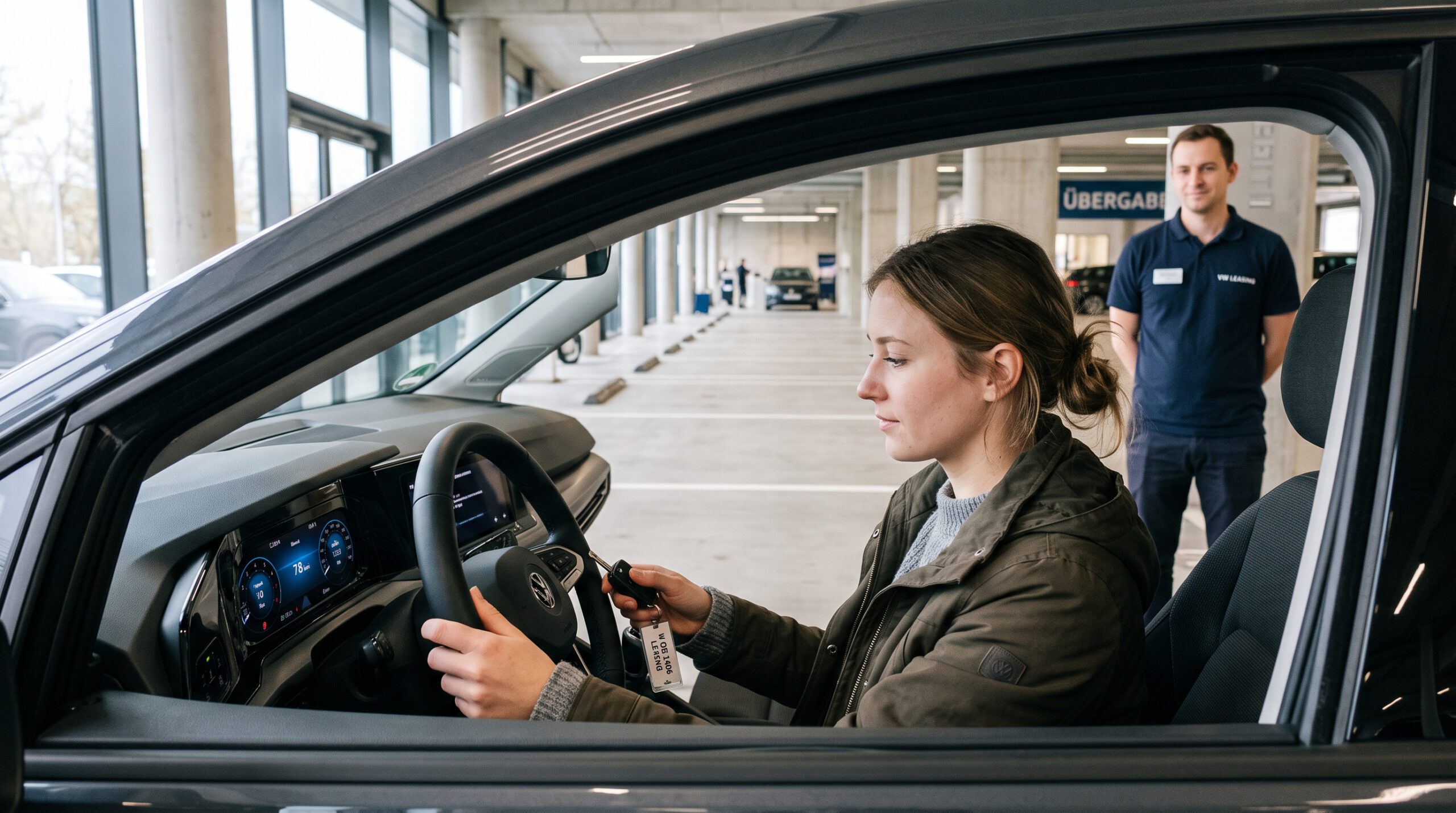 Leasingnehmerin im Wagen prüft niedrigen Zählerstand in Übergabehalle