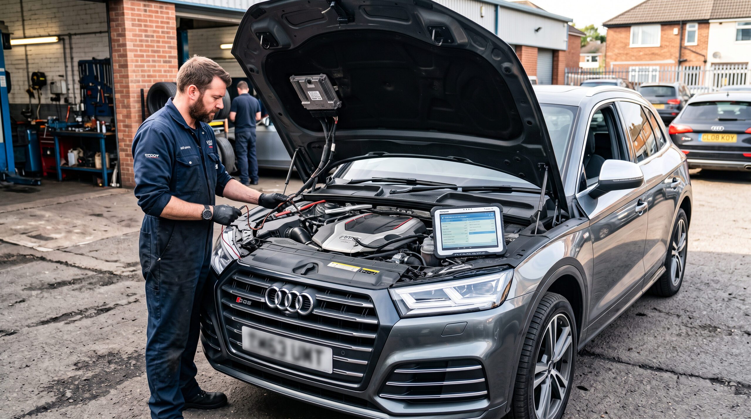 Techniker neben geöffneter Motorhaube eines grauen Audi SQ5 mit sichtbaren Abgassensoren und Diagnosegerät auf Werkstattgelän